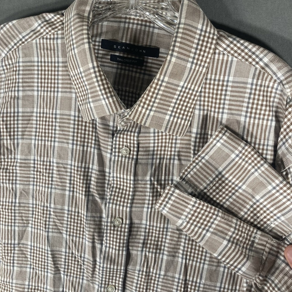 Sean John‎ Mens Button Up Shirt Large Beige Windowpane Cotton Long Sleeve